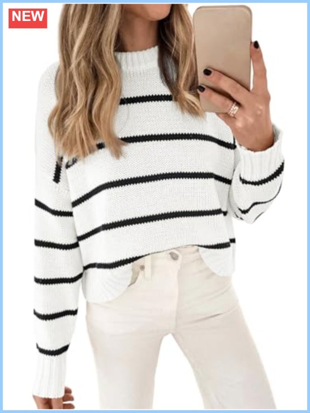 Womens Cropped Striped Cotton Pullover Sweater Crew Neck Long Sleeve
